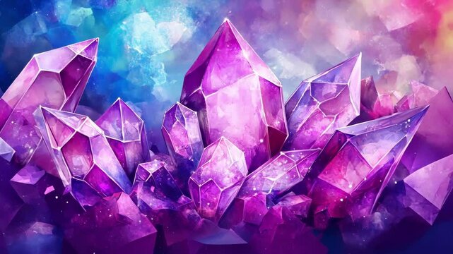 Vibrant amethyst crystals against cosmic backdrop