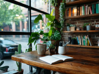 Fototapeta premium Cozy Cafe Vibes A Relaxing Corner with Coffee, Plants, and Books