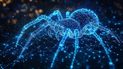 A digital arachnid sits amidst a cosmic web, weaving a tale of intergalactic connectivity in the digital realm, intertwining technology with the universe's mysteries.