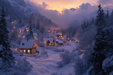 A snowy mountain village at sunset, with cozy cabins and illuminated windows.