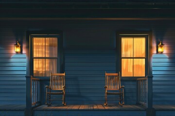 The front porch of a luxury home with two wooden chairs at night time. A small window in the wall behind the chair on the right side showing inside the house at dusk, in the