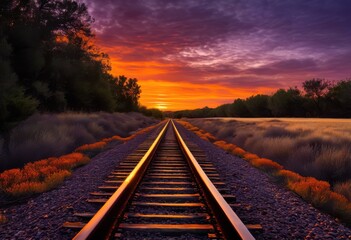 Fototapeta premium captivating vibrant sunset illuminates weathered train leading eye peaceful horizon, tracks, landscape, sky, colors, light, nature, beauty, orange, pink