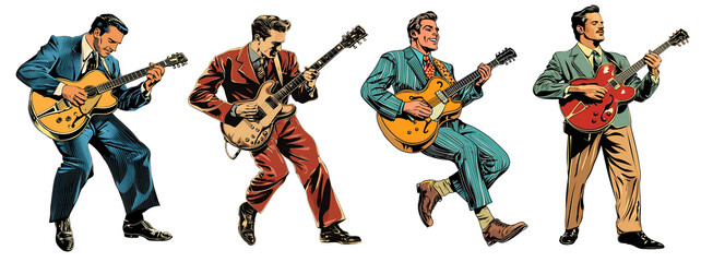 Set of Vintage Rock Musicians Playing Guitar, Bold and Colorful Vintage Style Vector Illustration, Cutout, Isolated on Transparent PNG/White Background.