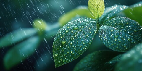 Raindrops Glistening on Lush Green Leaves in a Gentle Summer Shower