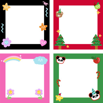 Colourful frame set with panda, teddy bear, Christmas tree, rainbow, candy cane for festive decoration, polaroid photo, square ad template, social media post, winter season, notepad, sticky note, memo