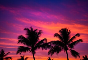 Obraz premium stunning tropical palm tree silhouette vibrant sunset sky creating iconic visual experience beauty, horizon, sunlight, landscape, orange, purple, foliage