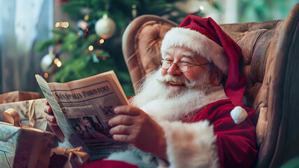 Cute Santa Claus is reading the latest press in a beautiful and cozy armchair in the living room...