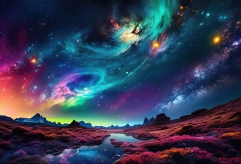 Naklejka premium breathtaking outer space landscape featuring brilliant glowing celestial bodies vibrant cosmic galactic elements, astro, cosmos, galaxy, nebula, stars