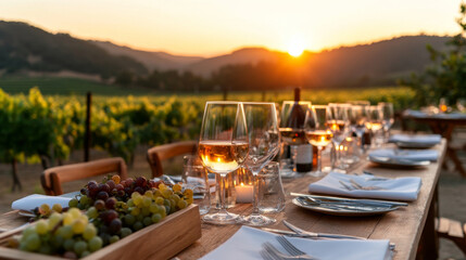 Sunset Dinner in the Vineyard A Perfect Outdoor Dining Experience with Wine and Grapes