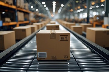 highresolution closeup of multiple cardboard boxes moving seamlessly along a conveyor belt in a warehouse illustrating the efficiency of ecommerce