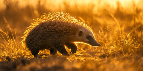 Obraz premium Hedgehog Roaming in a Field During Golden Hour