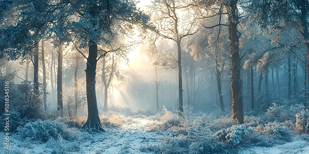 Poster A snowy forest with trees and a path