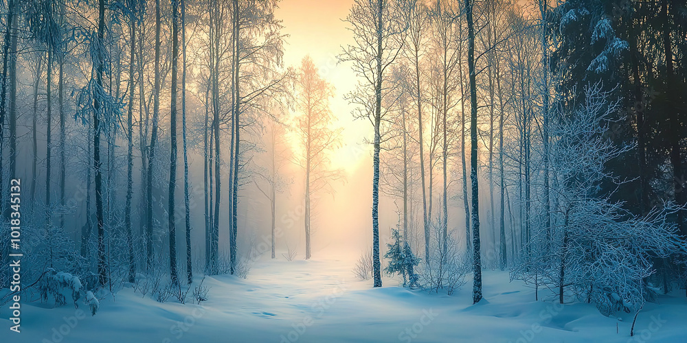 Poster a snowy forest with a tree in the foreground