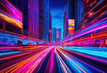 Fototapeta premium dynamic road scene capturing motion blur vibrant vehicles flowing city elements creating lively atmosphere, asphalt, cars, dynamics, driving, illumination