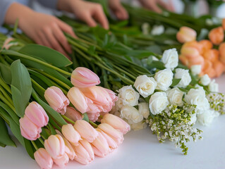 Floral workshop scene with participants arranging pink tulips and pastel flowers