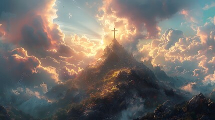 Paint the cross at the peak of a mountain. AI generated
