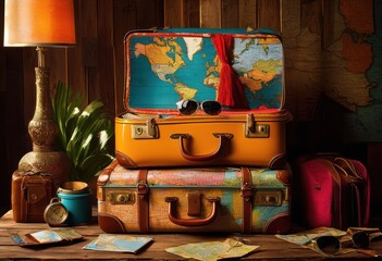 vibrant suitcase surrounded colorful travel essentials including luggage tags, backpack, bags, passport, camera, shoes, clothing, toiletries, itinerary