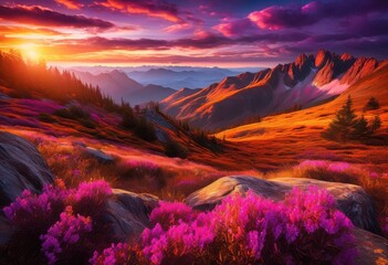 breathtaking sunset over majestic mountain landscape vibrant skies rolling hills capturing essence serene natural beauty, sky, clouds, silhouette, nature