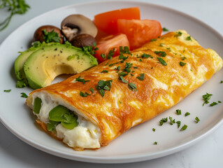 French rolled omelette stuffed with cream cheese with avocado, aragula and mushrooms for breakfast on white plate printed tile background, top view 