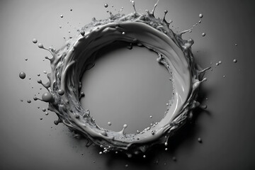 Obraz premium Abstract liquid splash ring circular form, monochrome image of a liquid splash forming a circular ring with a central empty space, against a grey background.
