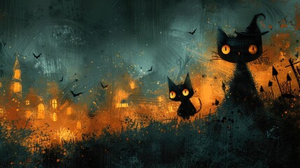 Spooky Halloween night with black cats and glowing orange lights against an eerie landscape