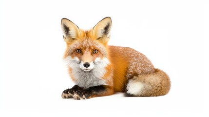 Obraz premium A peaceful red fox sits quietly, set against a clean white background. A red fox sits calmly in stillness against a peaceful white backdrop.