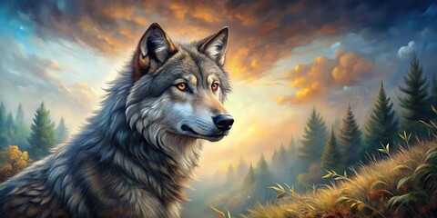 Native American art painting featuring a wolf in a long shot with the spirit of nature © Sayfar