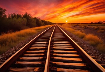 Obraz premium stunning close vintage train tracks under beautiful sunset sky warm colors serene atmosphere, scenery, landscape, evening, nature, horizon, sunlight