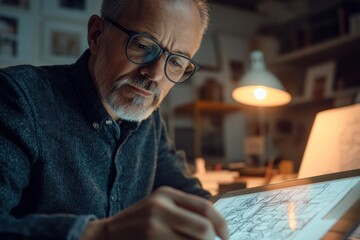 A creative artist focuses intently on a digital drawing. The warm glow of a desk lamp enhances the cozy atmosphere in this artistic workspace. Generative AI
