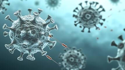 Viral Invasion: An artistic representation of HIV particles invading a human T cell. The virus appears like tiny harpoons, seeking entry. 