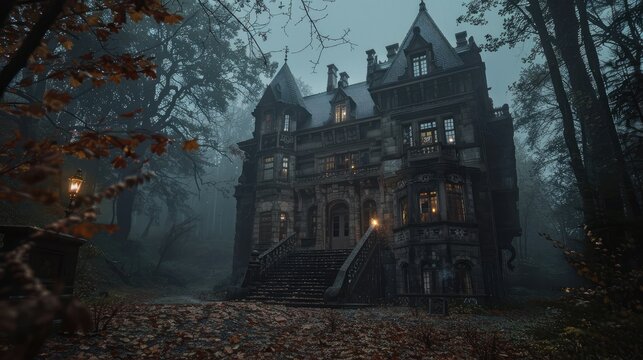 hauntingly beautiful mansion emerges from the fog, surrounded by eerie trees, evoking a sense of mystery and intrigue. - Powered by Adobe