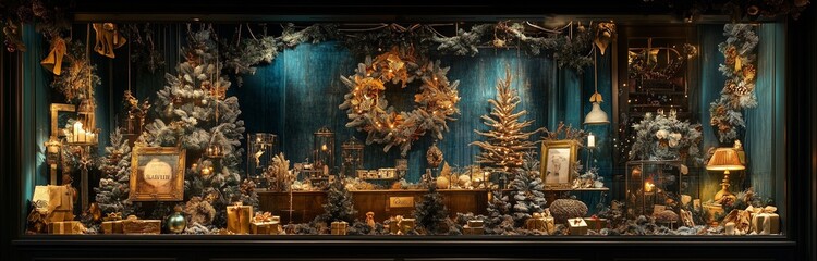Fototapeta premium beautifuly decorated shop window for christmas at night