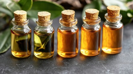 Row of amber essential oil bottles with cork tops on a dark grey surface surrounded by lush green leaves