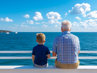 Fototapeta premium Grandfather sitting with his grandson on boardwalk relaxing