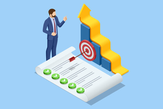 Isometric Employees making Investing Plans, calculating Benefits. Operations management discussing marketing projects. Investment in Property, mutual funds, Land, gold, bonds, and currency exchange.