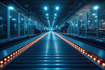 Fototapeta premium hightech automated warehouse interior with motionblurred robotic arms and workers futuristic conveyor systems bathed in cool blue light creating a sense of efficiency and speed