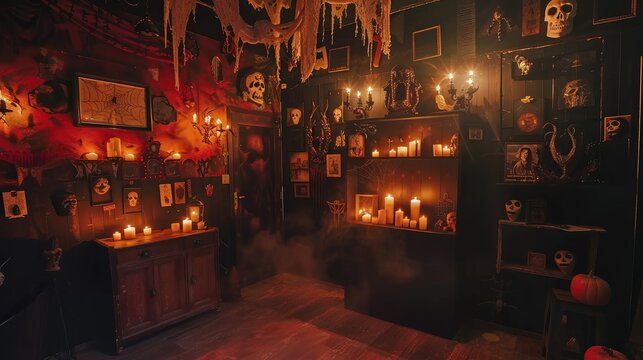 mysterious, dimly lit room filled with candles, skulls, and Halloween decor, creating an eerie atmosphere.