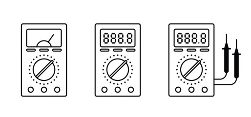 Cartoon electronic device tools. Analog or Digital multimeter. Electric multi meter equipment with cable. Voltmeter multi, measuring Instruments. Volt meters. Analog multimeter measuring electricity.