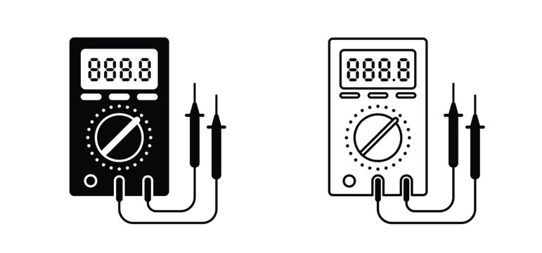 Cartoon electronic device tools. Analog or Digital multimeter. Electric multi meter equipment with cable. Voltmeter multi, measuring Instruments. Volt meters. Analog multimeter measuring electricity.