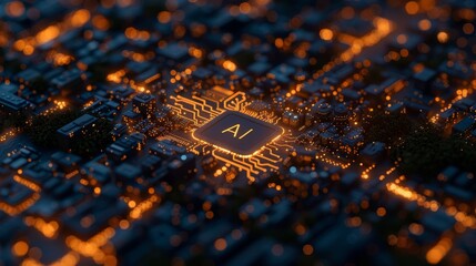 AI Microchip Glowing Artificial Intelligence Chip on Circuit Board, Technology Concept