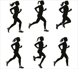 Set of women running silhouettes, Black silhouettes of women running, People running silhouettes, Running people silhouette set vector