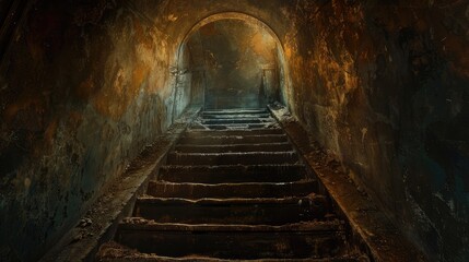 Fototapeta premium mysterious staircase leading into darkness, showcasing textured walls and ambient light, evoking a sense of adventure and exploration.