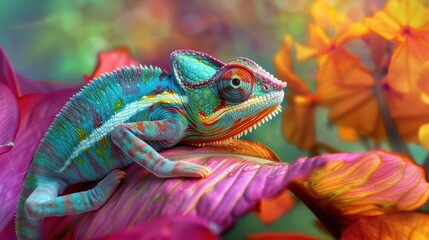 Obraz premium Colorful Chameleon on Vibrant Flower
