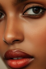 Obraz premium Detailed close-up of a woman's face highlighting smooth skin, expressive eyes, and bold lips.