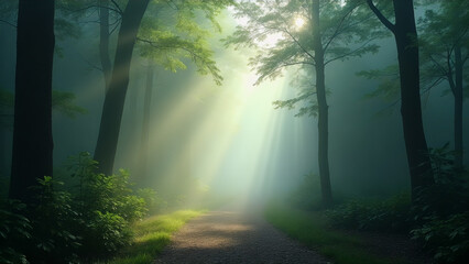 Obraz premium Path in a forest with sunlight shining through the trees