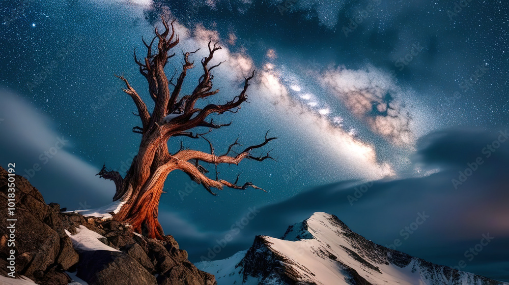Wall mural a large tree is standing on a snowy mountain top