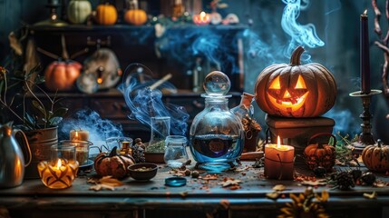 Obraz premium mystical Halloween scene featuring a glowing pumpkin, potion bottle, candles, and autumn decor with enchanting smoke.