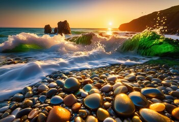 Obraz premium vibrant shoreline scene dynamic waves crashing colorful beach rocks captured stunning detail, coastline, ocean, landscape, nature, sand, sea, coastal