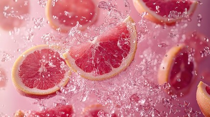 Fototapeta premium Juicy Pink Grapefruit Wedges in Mid-Air Action
