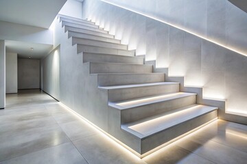 Obraz premium futuristic white concrete staircase with under stair lighting, extreme close-up